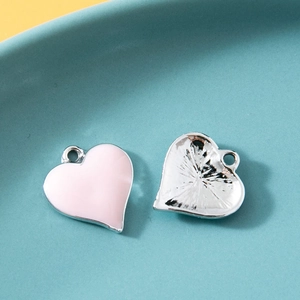 Pink heart-shaped enamel pendant and silver textured alloy charm for DIY jewelry making