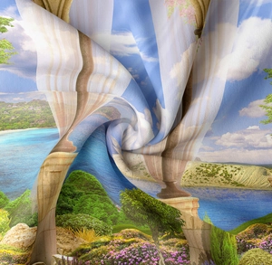 Detail of high-definition digital print showing Mediterranean garden and classical columns
