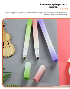 Detail of chisel tip fluorescent highlighters with soft gradient colors and airtight caps