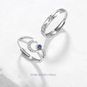 925 Sterling Silver Moon Star Couple Rings For Men Women Adjustable Zirconia Blue Stone Romantic Finger Ring Jewelry Gift
