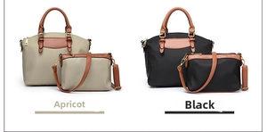 Macro view of nylon and leather two-piece shell tote bags in apricot and black