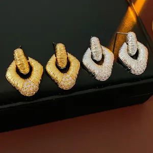 Rhombus Textured Geometric Stud Earrings With Silver Earring Post Copper Base Pave Zircon Retro Elegant For Women
