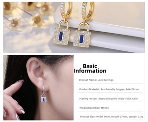 Detail of gold lock earrings with blue rectangular zircon and pavé crystal setting