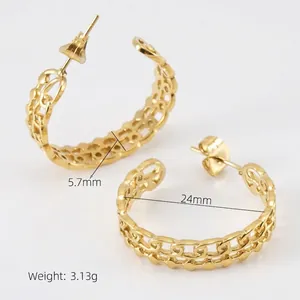 Detail view of 18K gold plated titanium steel hoop earrings with chain texture link design