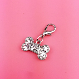Macro detail of silver bone pendant with sparkling rhinestones and lobster clasp