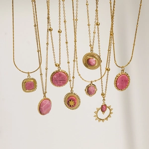 Collar Colgante Rodocrosita Vintage Francés Acero Inoxidable Oro 14K Piedra Rosa Estrella Luna Celestial Mujeres