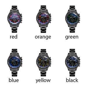 Six casual men's sports watches with colorful dials and black metal straps in various colors