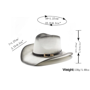 Detailed view of gradients straw cowboy hat with dimensions and brown leather strap