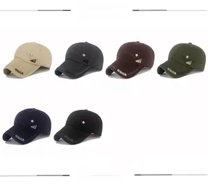 Detail view of cotton baseball caps with GSIOR embroidery in six assorted earthy colors