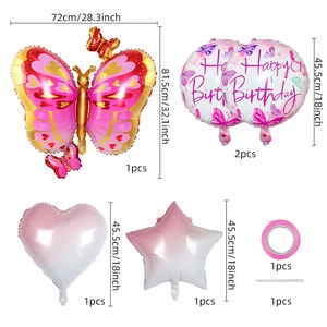 Detailed components of colorful butterfly balloon set with dimensions for birthday party decor