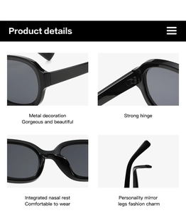 Detailed views of black oval sunglasses featuring strong hinges and integrated nose pads