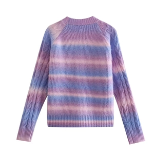 Tie-dye gradient knit sweater with cable-knit sleeves and crewneck on white background
