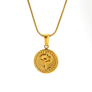 Golden daisy relief pendant necklace on snake chain featuring a minimalist floral design