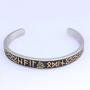 Viking Mjolnir open cuff bracelet with runes and Celtic knot in silver and gold steel