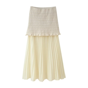 Jupe midi en tricot à taille haute avec patchwork en mousseline plissée blanc crème