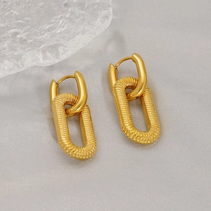 Modern 18K gold-plated stainless steel geometric hoop earrings with textured oval design