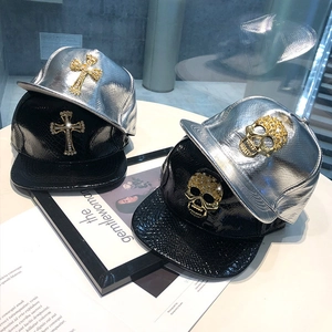 Holographic PU leather flat brim baseball caps with metallic cross and skull details