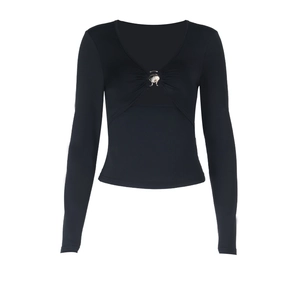 Slim fit black long sleeve V-neck top featuring silver shell metal buckles and ruched detail