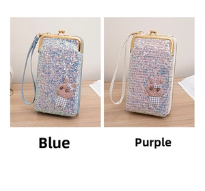 Detail of sequin crossbody bags with vintage metal clasps and handmade rabbit dolls