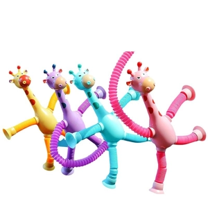 Set of four colorful suction cup giraffe robot toys with flexible glowing tubes