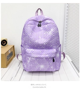 Detalle de la mochila acolchada morada con estampados de corazones blancos y purpurina
