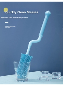L-shaped silicone bottle brush with rotating handle cleaning the bottom of a glass cup