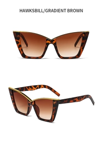 Detail of tortoiseshell cat-eye sunglasses with gold metal trim and gradient brown lenses