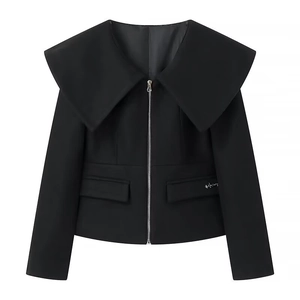 Women's black short wool jacket with a wide lapel collar and zip-up slim fit design