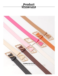 Macro shot of stylish PU leather belts with gold geometric buckles in various colors