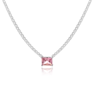 Pink rectangular zircon necklace with silver tennis chain and real gold plating finish