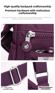 Detalle de cremalleras metálicas y correa de nailon ajustable en bolso bandolera morado