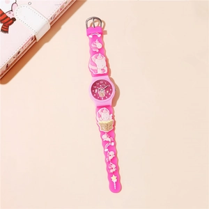 Detail of pink kids watch with 3D unicorn cartoon pattern on silicone strap