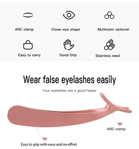Detailed infographic showing pink stainless steel false eyelash applicator features and arc clamp
