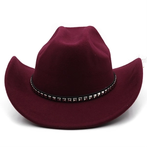 Burgundy wool felt cowboy hat with black studded leather band on white background