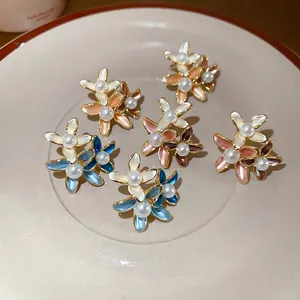 18K gold plated flower stud earrings with colorful enamel and pearl accents