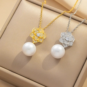 Rose Flower Pendant Necklace For Women Titanium Steel Micro Paved Zircon Imitation Artificial Pearl Elegant Jewelry