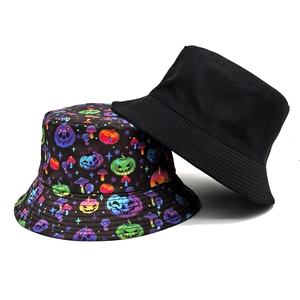 Halloween pumpkin pattern and plain black cotton bucket hats for sun protection
