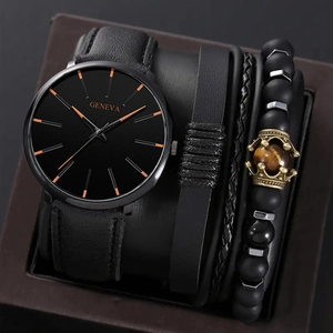 Detail of men's watch set featuring black leather straps and a golden lion head bead bracelet