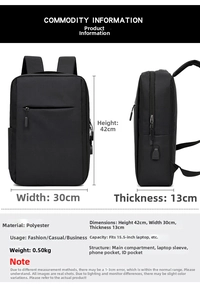Detailed size specifications for USB charging travel laptop backpack with 42x30x13cm dimensions