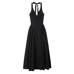 Elegant black deep V-neck halter maxi dress with ruffled waist and backless bow tie design