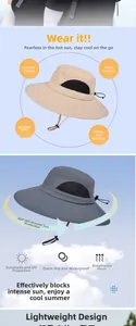 Dettaglio di cappelli da sole kaki e grigi con tesa larga e rete traspirante per esterni