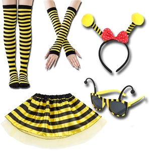 Detailed flat lay of 5-piece bee costume set with striped socks, sleeves and headband