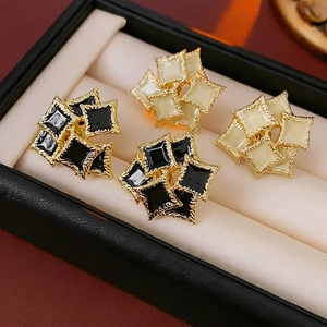French Vintage Geometric Square Enamel Earrings With Silver Earring Post Alloy Double Layer Stacked Design For Women