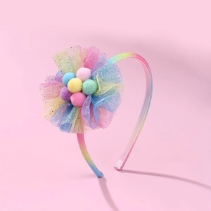 Kids Rainbow Gradient Headband With Large Mesh Flower And Colorful Plush Balls Sweet Glitter Tulle Hairband For Girls