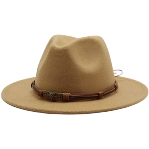 British style camel wool felt fedora hat featuring a braided band and metal skull buckle