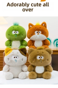 Detailed view of four funny plush toys in green, orange, calico, and brown colors