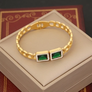Retro emerald green stainless steel bangle with gold chain link and zircon stones
