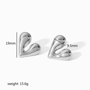 Detail view of silver heart stud earrings with dimensions 19mm and weight 15.6g