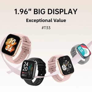Smartwatch with 1.96-inch display showing heart rate UI and multiple strap color options