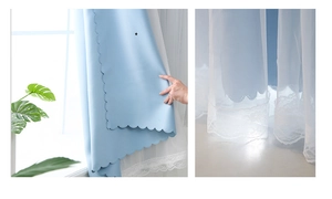 Detail of blue blackout curtain with star cutouts and white lace sheer fabric layer
